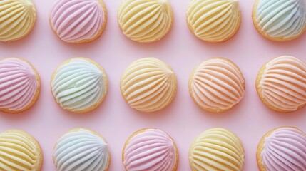 Pastel cookies idea. Colorful pastel cupcakes arranged on a pink backdrop, perfect for dessert lovers.