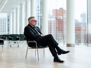A modern living room with parquet flooring features a man in a black suit seated by large windows overlooking a cityscape.