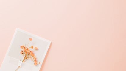 Beautiful spring flowers on paper card pastel pink background, Small wedding flower from above, Mother's Day, Valentine's Day, summer concept