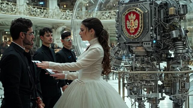 Industrial wedding ceremony scene with steampunk mechanical elements and formal attire. Ornate metalwork frames the composition. AI-generated 4K anamorphic shot with vintage aesthetic