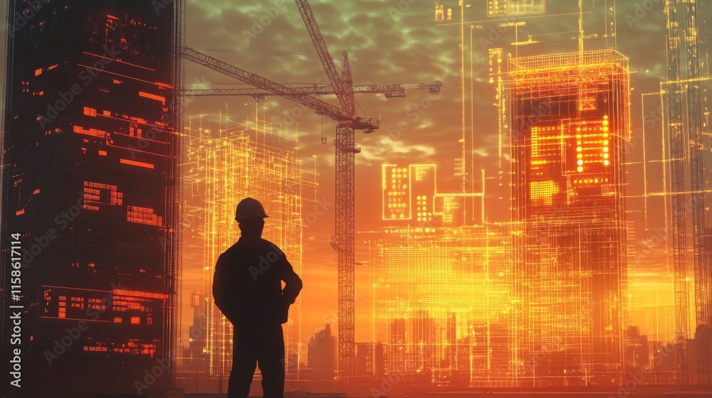 Aufkleber silhouetted against a vibrant sunset, a figure in a hard hat observes a construction site. digital o