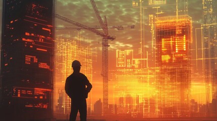 Silhouetted against a vibrant sunset, a figure in a hard hat observes a construction site. Digital overlays of building designs and cranes signal the integration of AI in real estate construction.