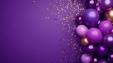 Festive purple balloons and confetti create a vibrant celebration atmosphere