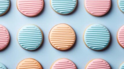 Obraz premium Pastel cookies idea. Delicious pastel-colored cookies with striped icing arranged neatly in rows.