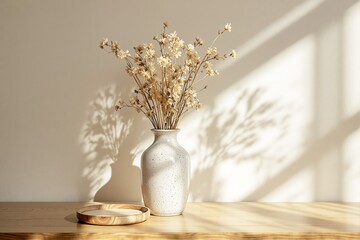 White ceramic vase with dried flowers on wooden table, soft shadows on beige background, warm sunlight, concept of minimalistic home decor. Ai generative