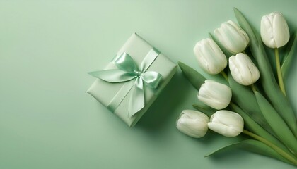 birthday card, march 8 and mother's day - delicate tulips and gift box