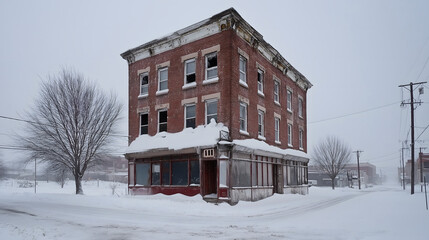 Abandoned brick building in winter snow