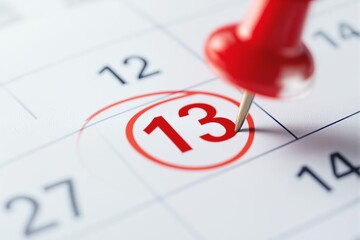 A detailed view of a calendar showing the 13th day circled in red, emphasized with a red pushpin, on a white background. Concept of date planning. Ai generative