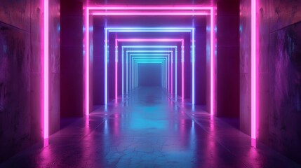 Neon Lights Corridor: Futuristic Cyberpunk Synthwave Tunnel