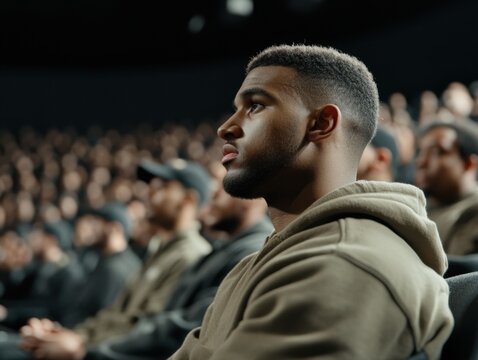 A focused audience member sits in an amphitheater, surrounded by a diverse crowd, all attentively watching a presentation or performance.