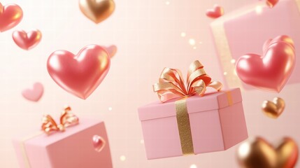Valentine's Day background with pink gift boxes and golden hearts on a light pastel color. Happy Valentine's Day concept with copy space for text, web banner, or greeting card template design element.