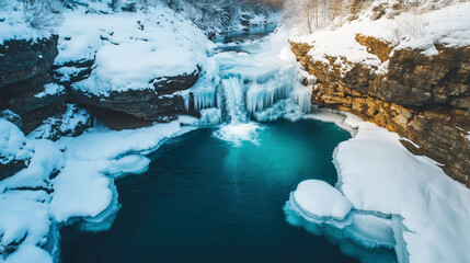 Frozen waterfall in a serene winter landscape