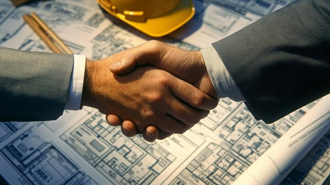 Two professionals shake hands over a detailed architectural plan at a construction site, signaling a partnership in real estate development. A hard hat indicates ongoing projects nearby.