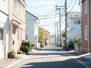 Fototapeta premium A serene street in a suburban Tokyo neighborhood, bathed in soft evening light. The street is lined with neat houses and overhead power lines.