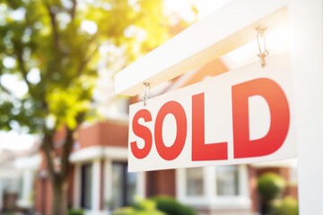 A sold sign hanging on a white post, placed in front of a house, with blurred greenery and building background in natural daylight. Real estate concept. Ai generative.