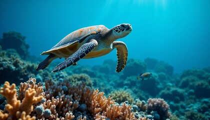 Obraz premium Sea turtle gliding over vibrant coral reef