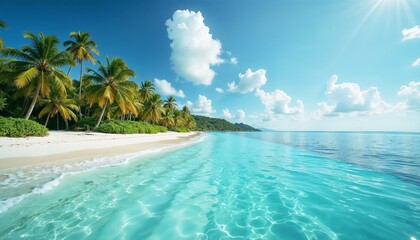 Fototapeta premium A tropical sandy beach with crystal clear blue waters and palm trees and white clouds in the sky