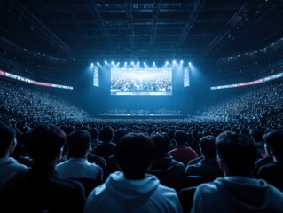 An esports arena filled with cheering fans under vibrant lights, creating an energetic and immersive atmosphere.
