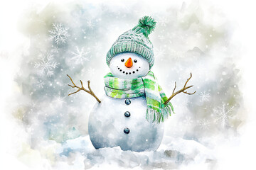 Fototapeta premium A joyful and friendly snowman illustration, standing proudly in a snowy winter landscape. Perfect for holiday-themed content, winter celebrations, and festive designs