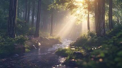 Obraz premium Sunlight Breaks Through Trees by the Stream in a Peaceful Forest Scene