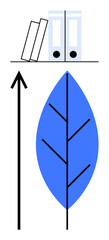 Books binders blue leaf and arrow align to symbolize harmony between environment, knowledge, and growth. Ideal for sustainability, education, progress, organization, eco-awareness, development