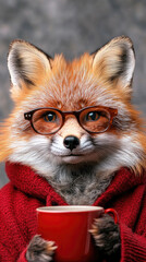 Obraz premium Clever fox in glasses with orange fur and holding a cup of coffee, set on a soft gray backdrop