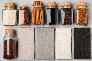 Assorted spices and ingredients in glass jars and containers on a surface.