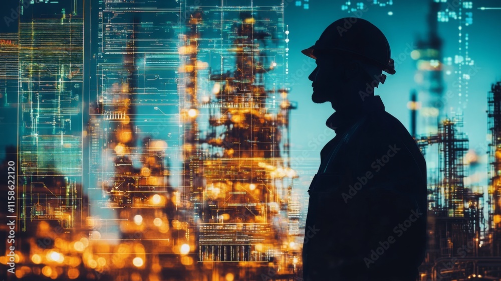 Poster a worker in a hard hat stands silhouetted against a backdrop of construction cranes and digital data