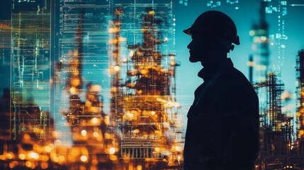 A worker in a hard hat stands silhouetted against a backdrop of construction cranes and digital data overlays.