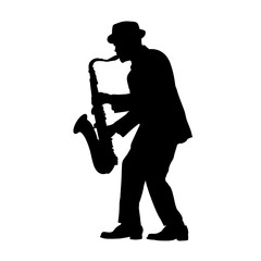 Naklejka premium silhouette of a black man playing the saxophone, jazzman - vector illustration 