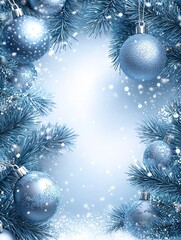 Elegant Blue Christmas Frame with Pine Branches and Ornaments, Featuring Snowflakes and Soft Background for Holiday Greetings or Designs