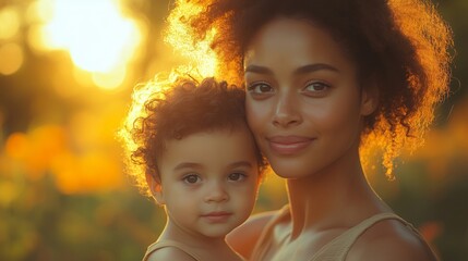 Heartwarming Moment of Mother and Child at Sunset Outdoors