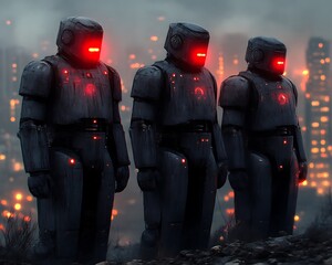 Three robots stand in a post-apocalyptic city.
