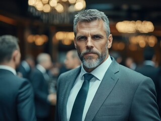 A distinguished man in a suit stands confidently among conference delegates during a networking event. The setting is formal and elegant.