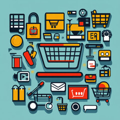 Digital Illustration Shopping Cart, Tools, Bags, Icons, Tech Devices, Communication Elements - Playful Style on Light Blue Grid Backdrop for Retail Marketing and E-commerce