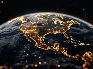 A stunning view of North America at night from space, highlighting the bright city lights against the dark expanse of the Earth.