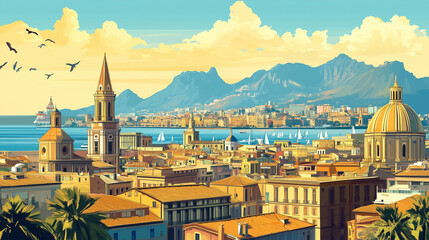 Obraz premium Illustration, Cityscape of Palermo in Sicily, Italy. Touristic advertisement poster. Promotional touristic poster. Beautiful city in Sicily. Must-see tourist travel destination.