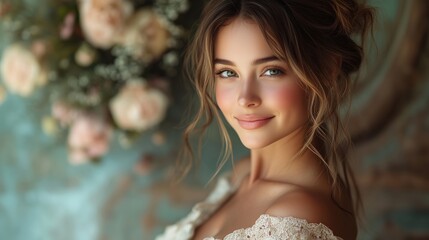 Naklejka premium Radiant Bride Surrounded by Floral Elegance and Soft Light