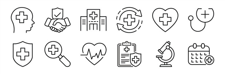 set of healthcare thin line icon. contain health checkup, hospital, insurance, safety, injury, diagnosis, treatment, recovery, medical icon collections. vector illustration