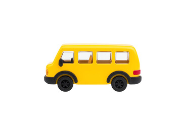 A bright yellow toy van with multiple windows and black wheels, designed for play and imaginative adventures.