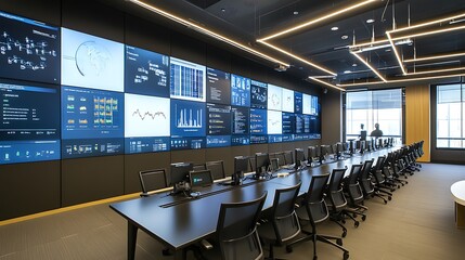 Modern Control Room with Large Video Wall Displaying Data Analytics