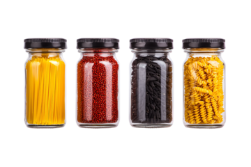 Four jars filled with various types of pasta, showcasing vibrant colors and different shapes, each sealed with a black lid.