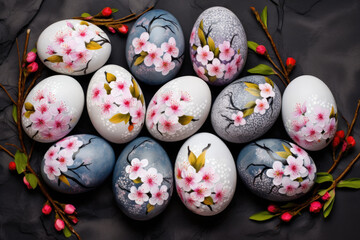 Hand painted colourful eggs on nest with blossom flowers branches on white background