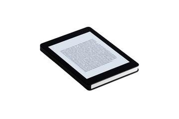 A sleek e-reader displaying text on its screen, designed for reading digital content easily.
