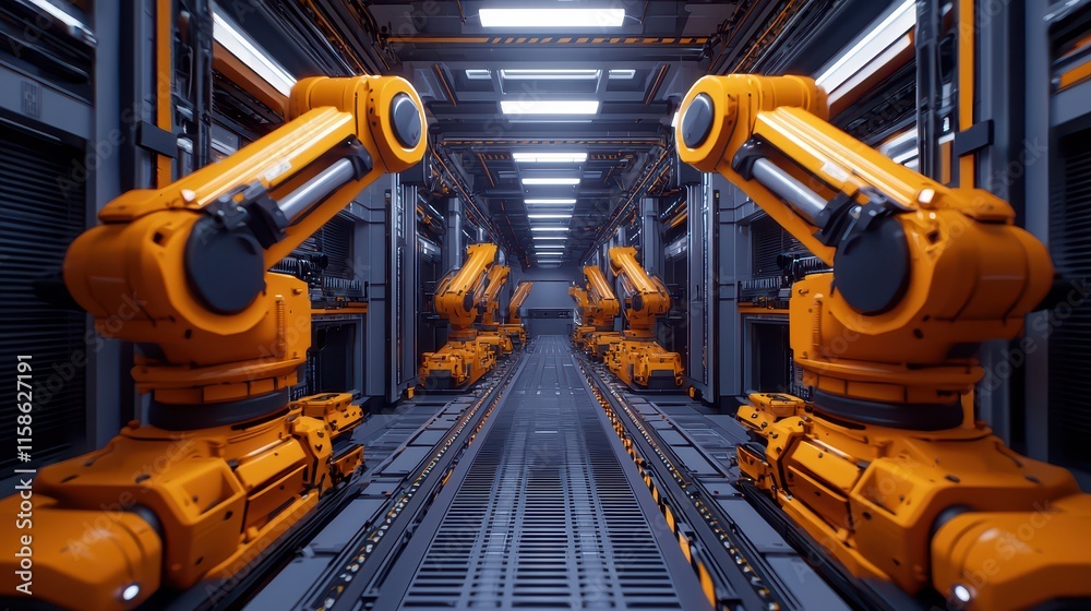 Poster a futuristic factory scene featuring multiple robotic arms, designed for automation and precision in