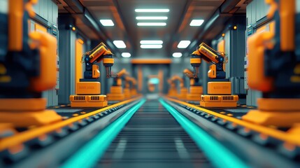 Fototapeta premium A futuristic factory floor with robotic arms aligned along a conveyor belt, showcasing advanced automation and industrial design.
