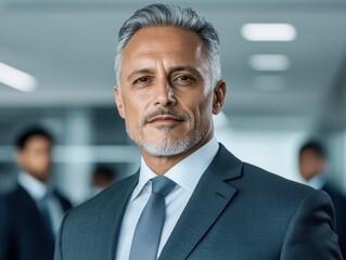Naklejka premium A confident businessman with gray hair and a beard is dressed in a sharp suit, standing in a modern office setting. The background is softly blurred.
