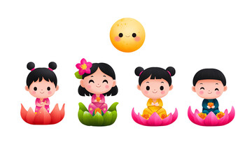 Four cheerful cartoon children seated on colorful lotus flowers with a smiling sun above them.