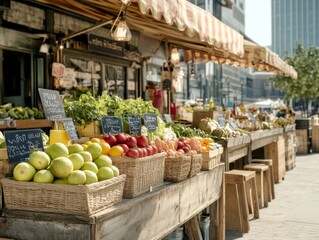 Fototapeta premium A vibrant farmer's market stall displays a variety of fresh vegetables and fruits in wicker baskets, with chalkboard signs under a striped canopy.