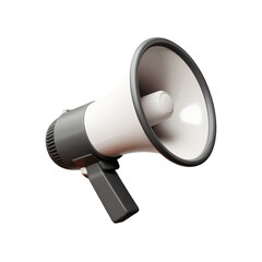 A 3D render of a cartoon-style megaphone in a minimalist style, with a transparent background. The megaphone is positioned horizontally